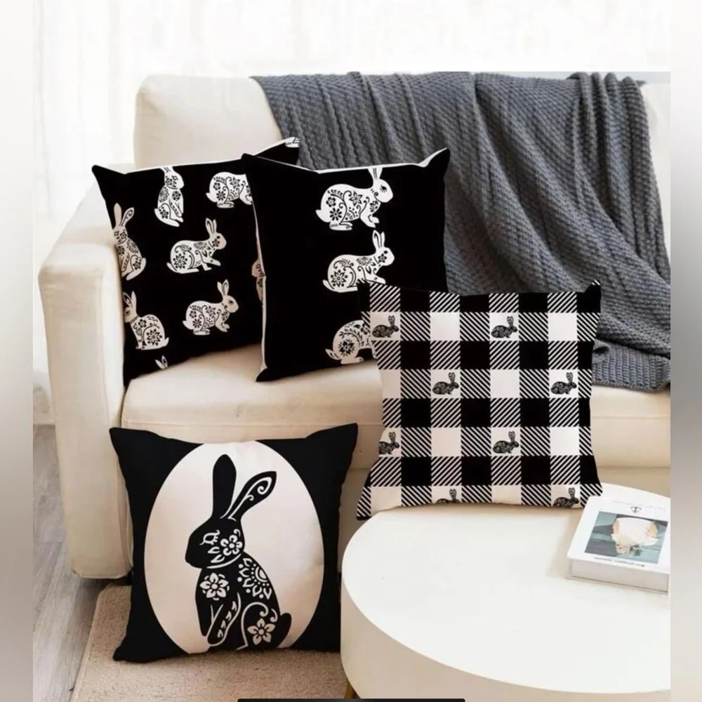 Seasonal Pillow Covers Easter Bunnies Zip Closure 17.7 In Black White Set of 2